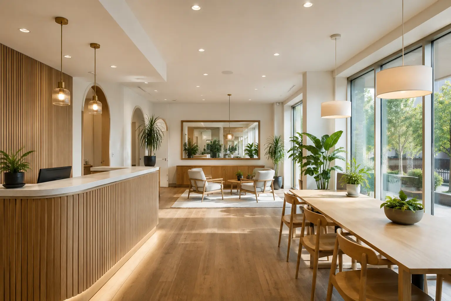 Illustrative commercial interior with ceiling lighting, oak finishes and daylight